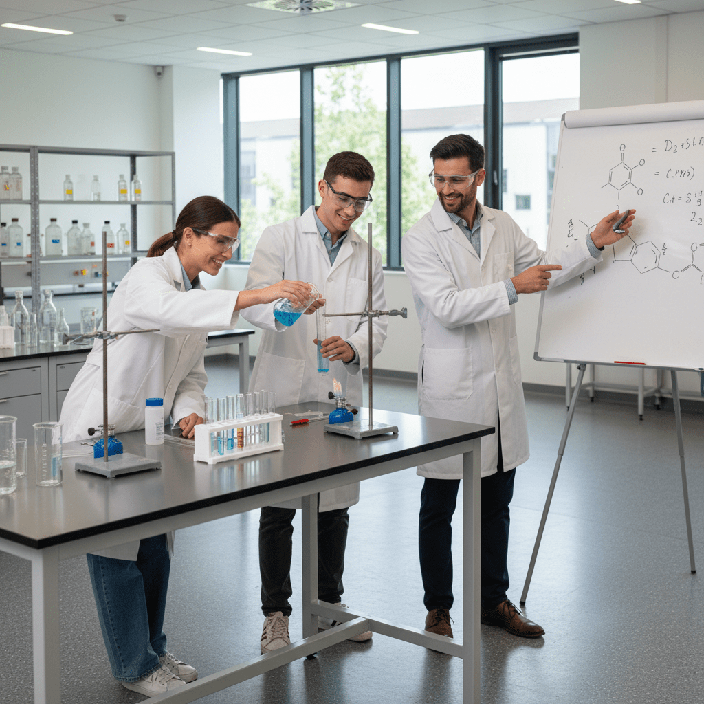 Three scientists in lab coats conduct an experiment and discuss formulas in a chemistry lab.