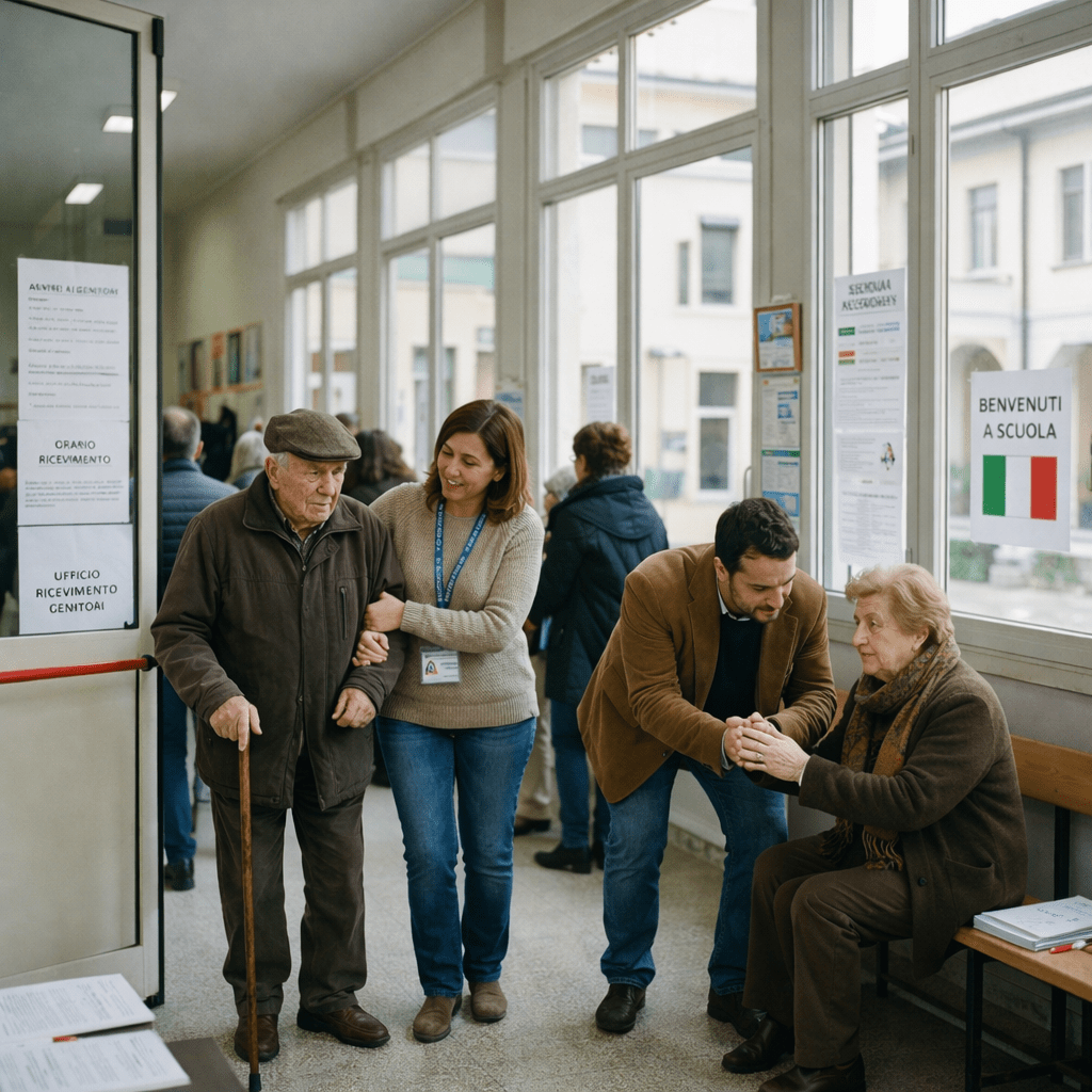 Volunteers helping elderly people entering a school building