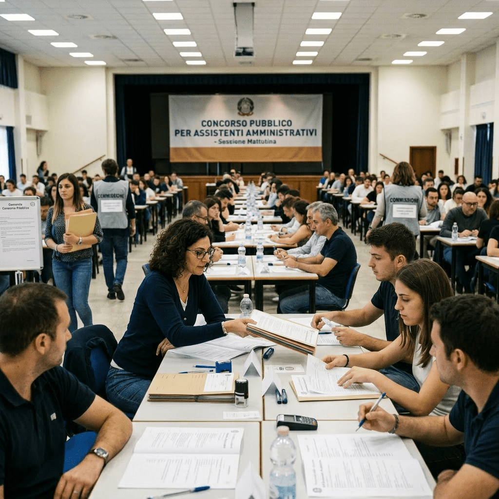 Candidates sitting at desks raising hands during a public administrative assistant exam