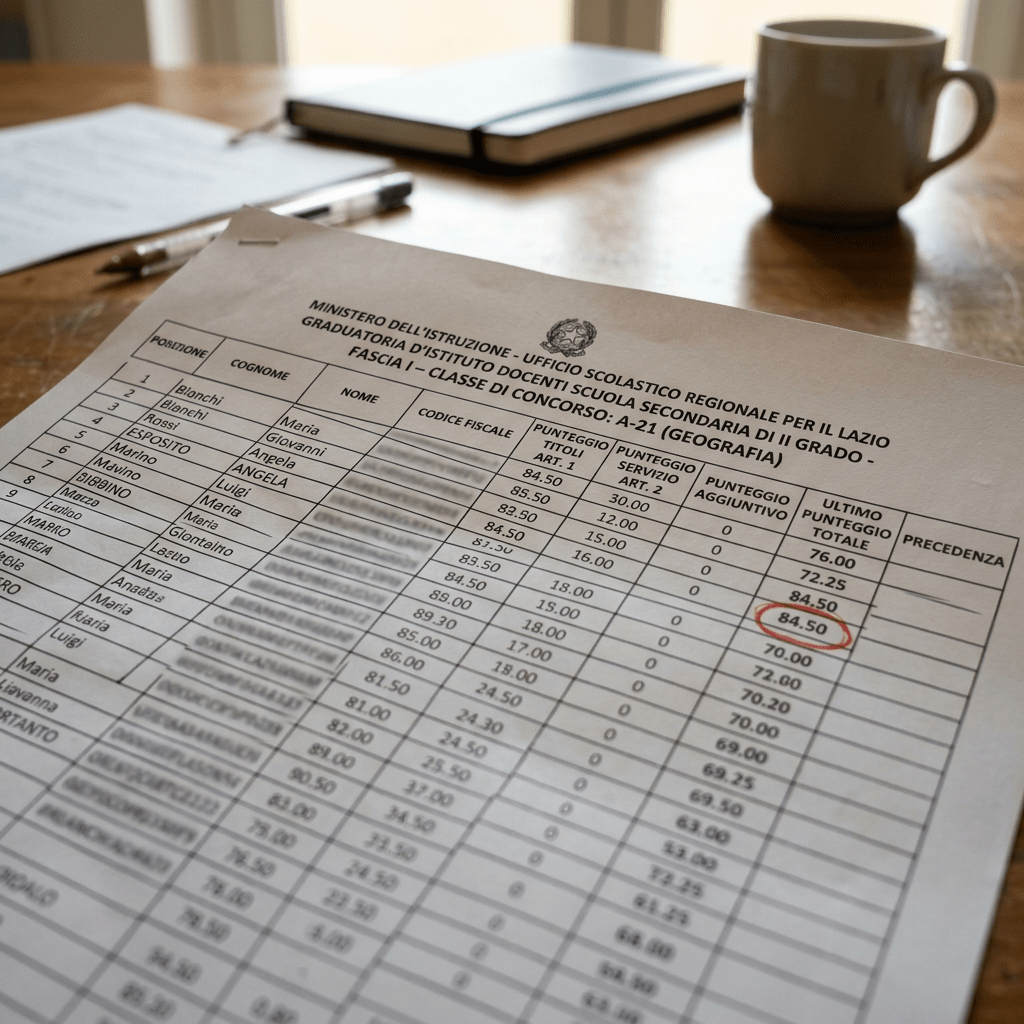 Teacher ranking list with names, codes, and scores for Lazio secondary school geography competition