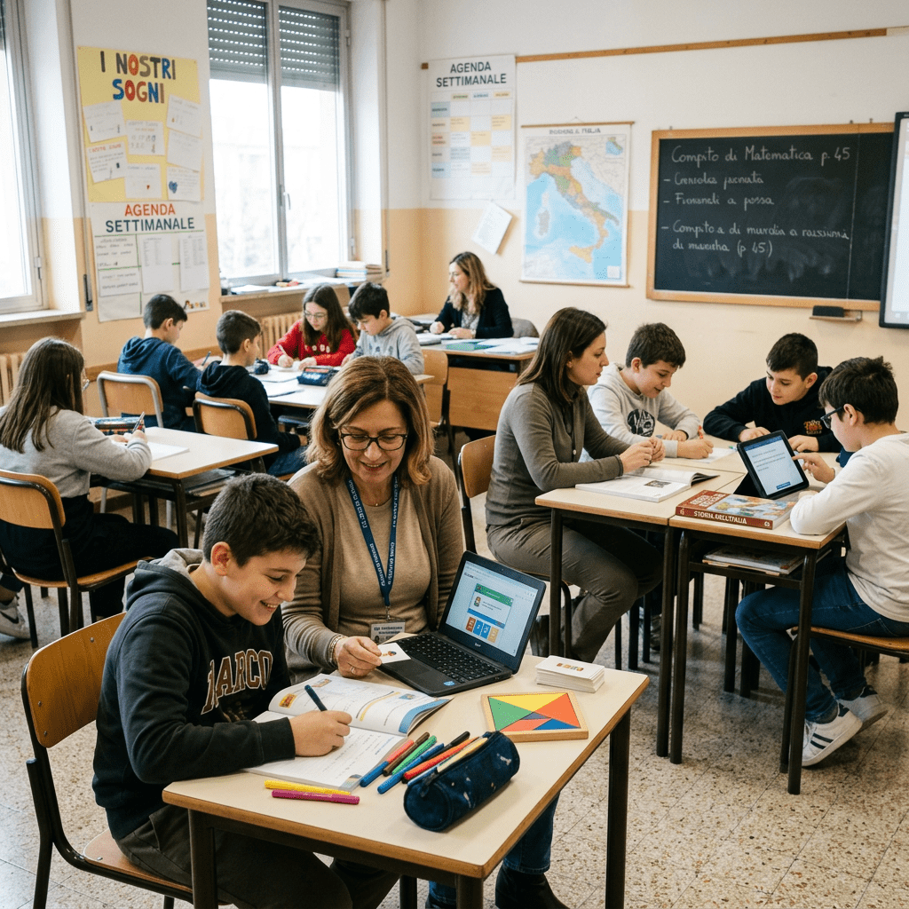 Students and teachers working together with books and tablets in a classroom