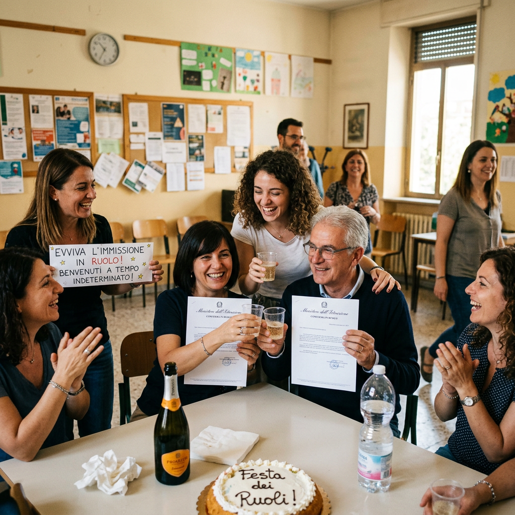 Group of people celebrating permanent employment with certificates, cake, and champagne