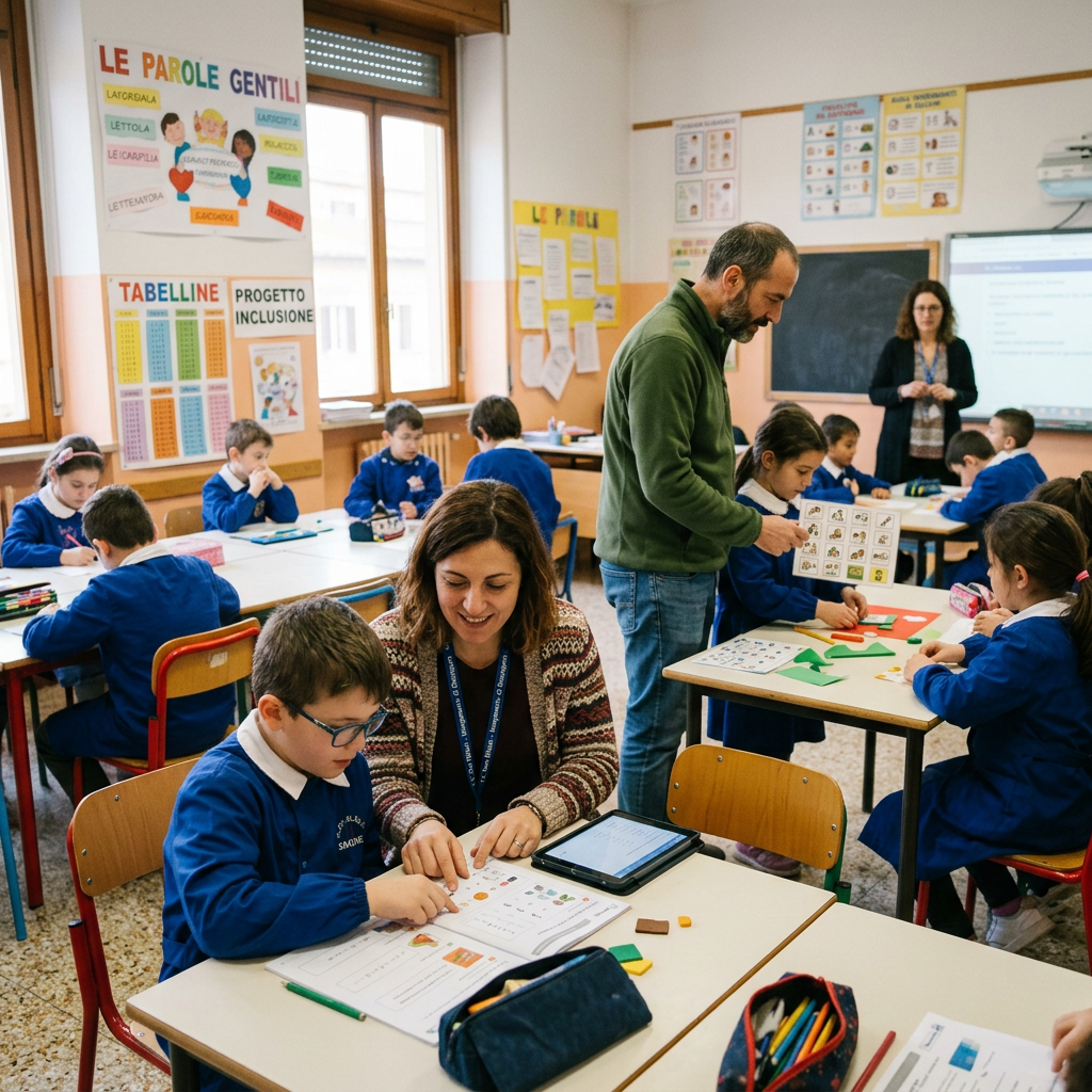 Elementary students in blue uniforms learning with teachers in a classroom