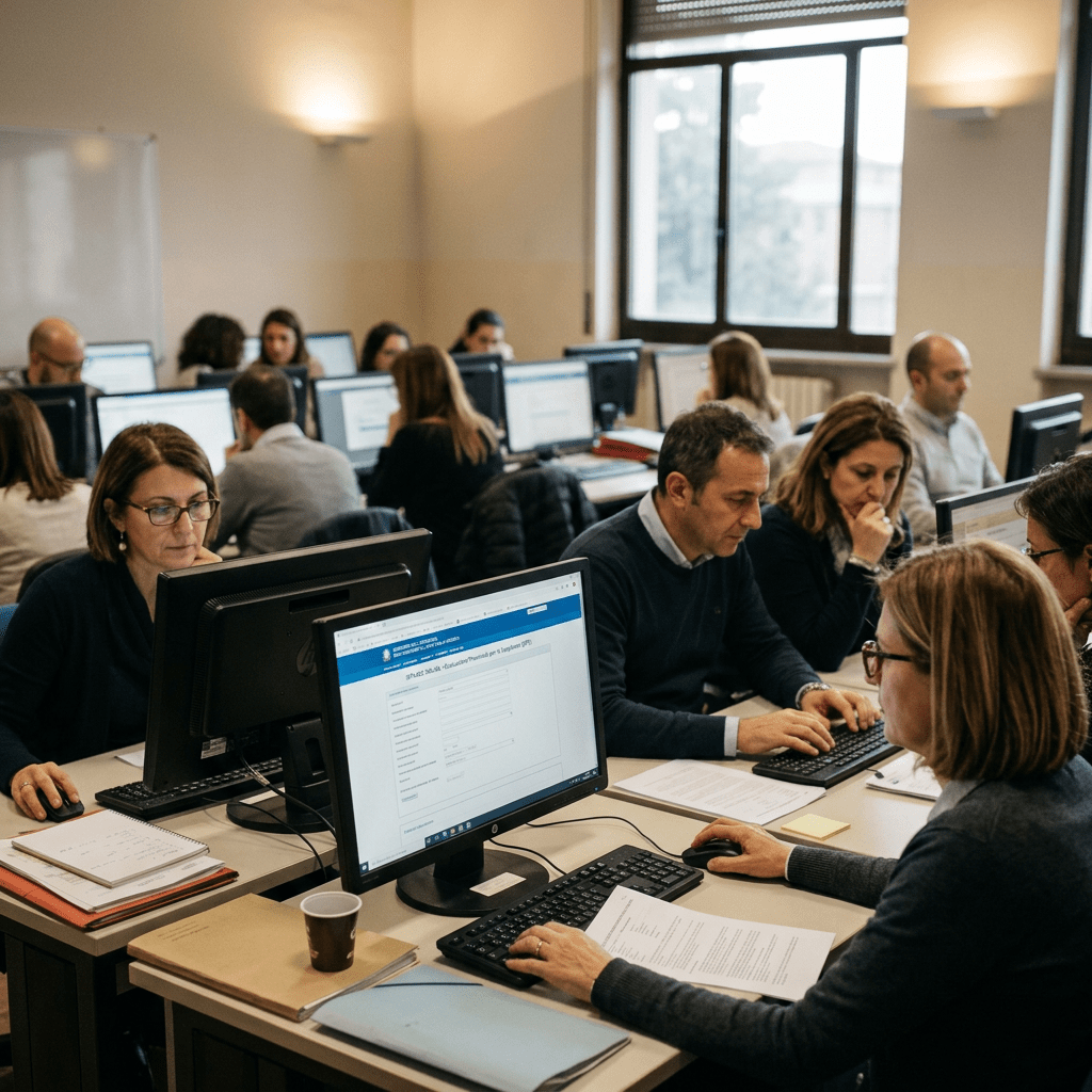 Group of adults working on desktop computers during training session