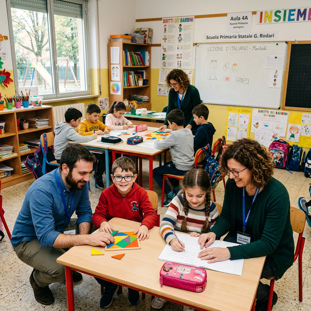 Teachers assisting primary school children with puzzles and writing tasks in classroom