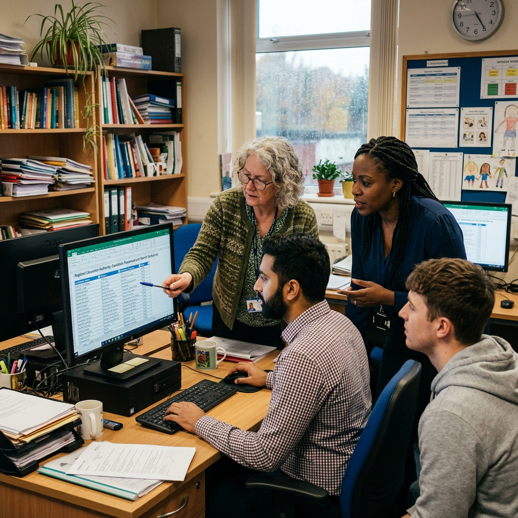 Four colleagues reviewing a spreadsheet on a computer in an office