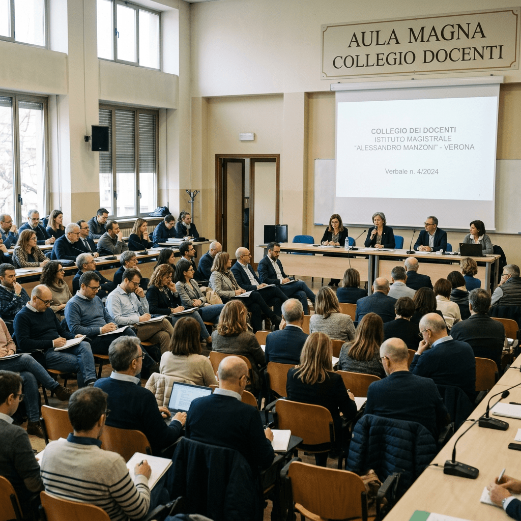 Large group of faculty members attending a formal meeting in an academic lecture hall with a presentation screen showing meeting details.