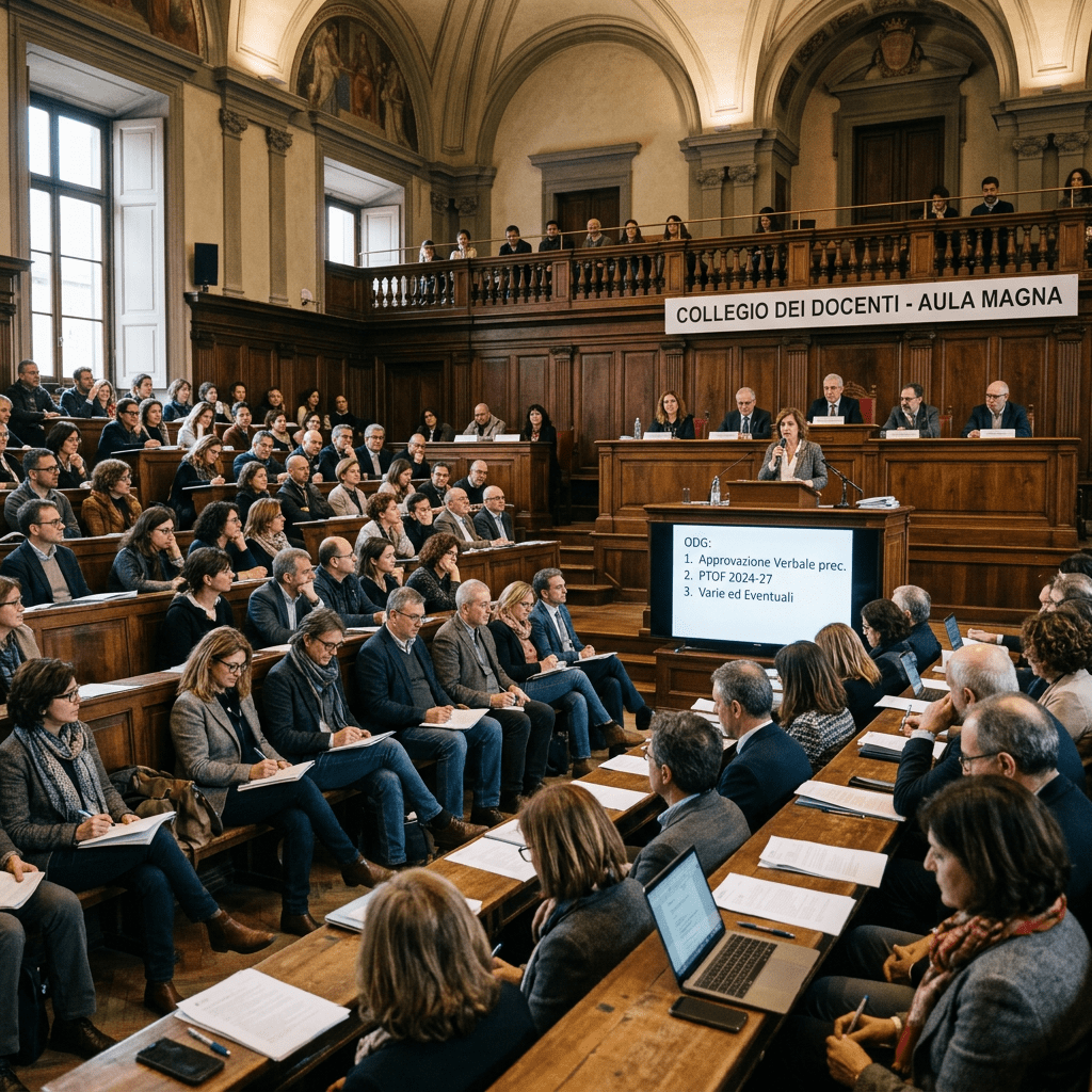 Faculty meeting in historic university hall with speaker and attendees