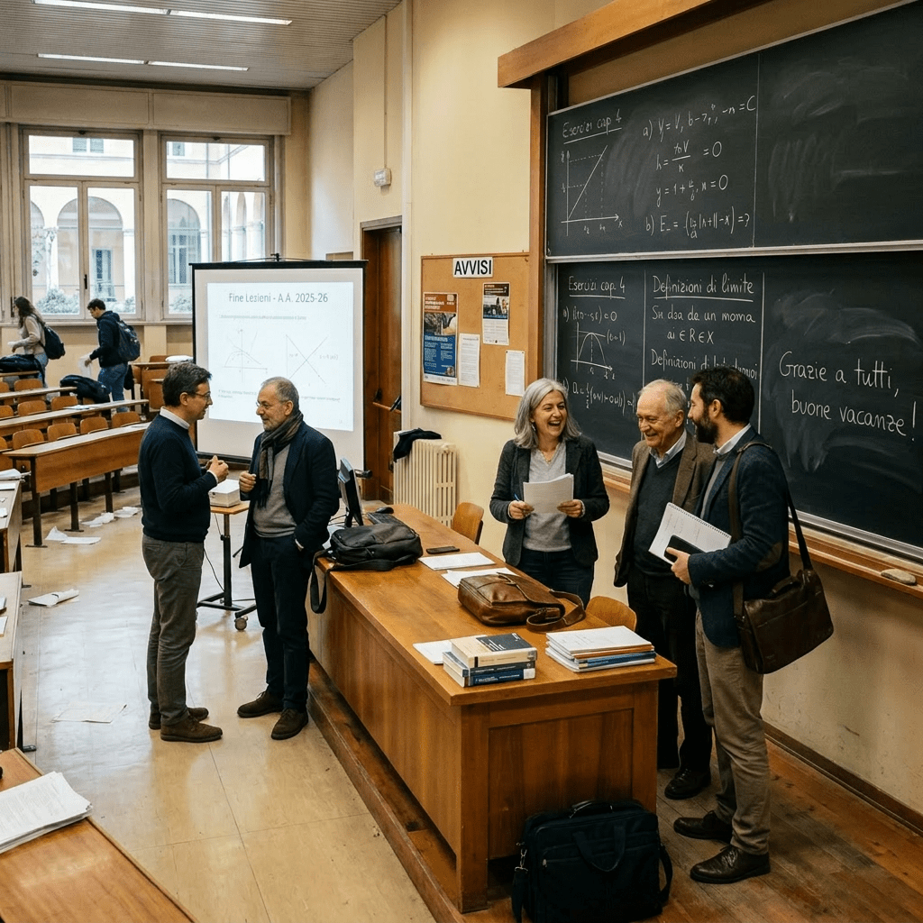 University professors talking and smiling in a classroom with math equations on blackboards