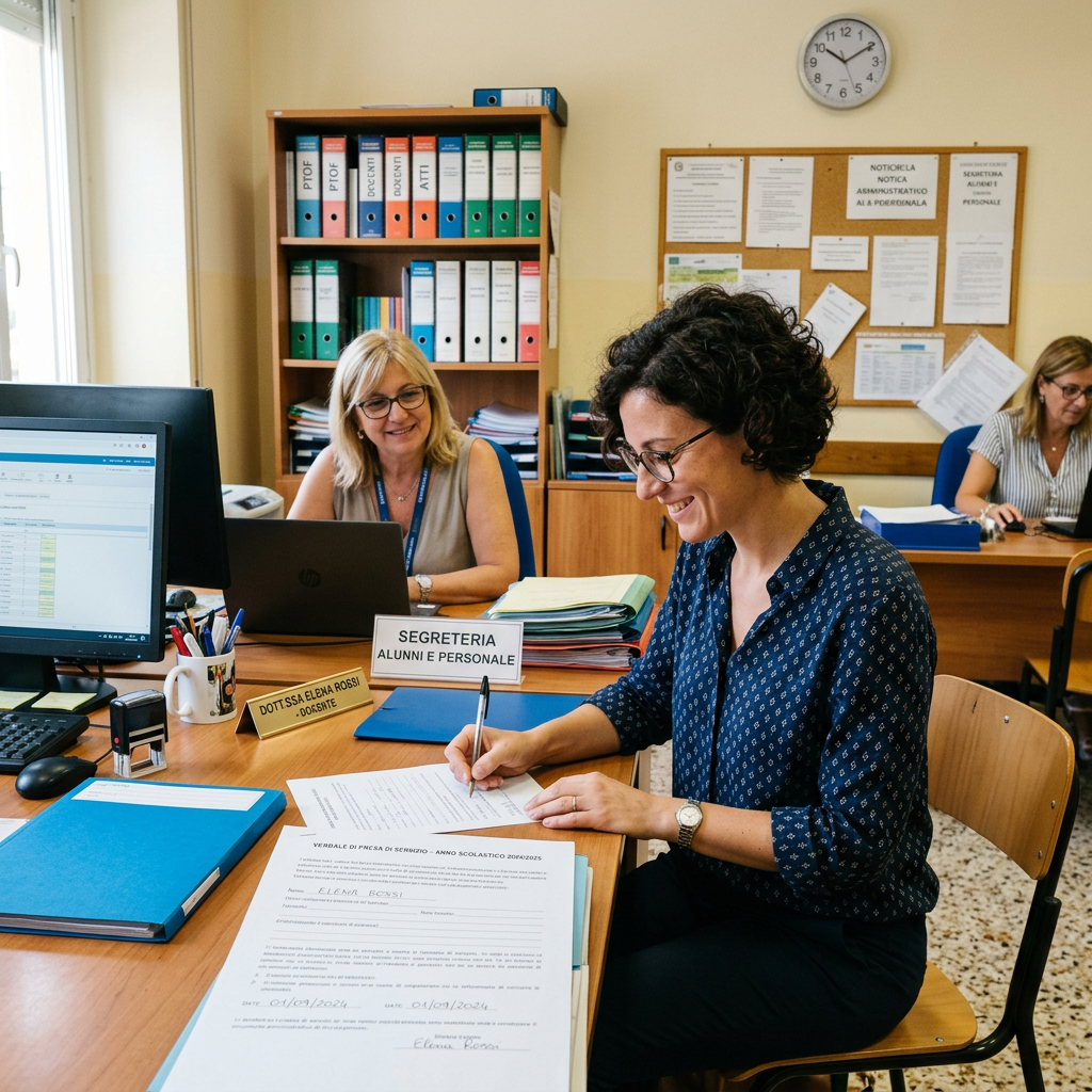 Student filling out documents at a school secretariat desk with secretary assisting