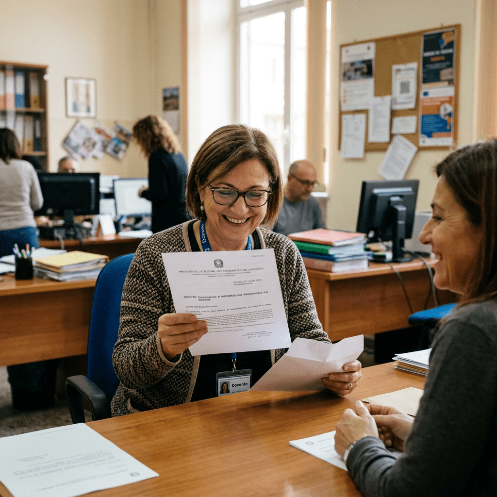 Teacher smiling and reading a student document across a desk