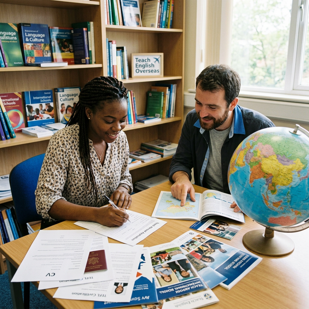 Two individuals at a desk with study abroad brochures, a globe, and documents